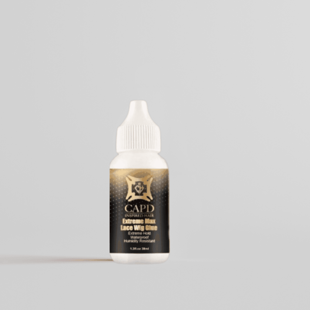 A bottle of PowerHold Lace Adhesive 1.3 oz lace wig glue with a white cap, labeled with the brand CAPD INSPIRED HAIR, against a light background.